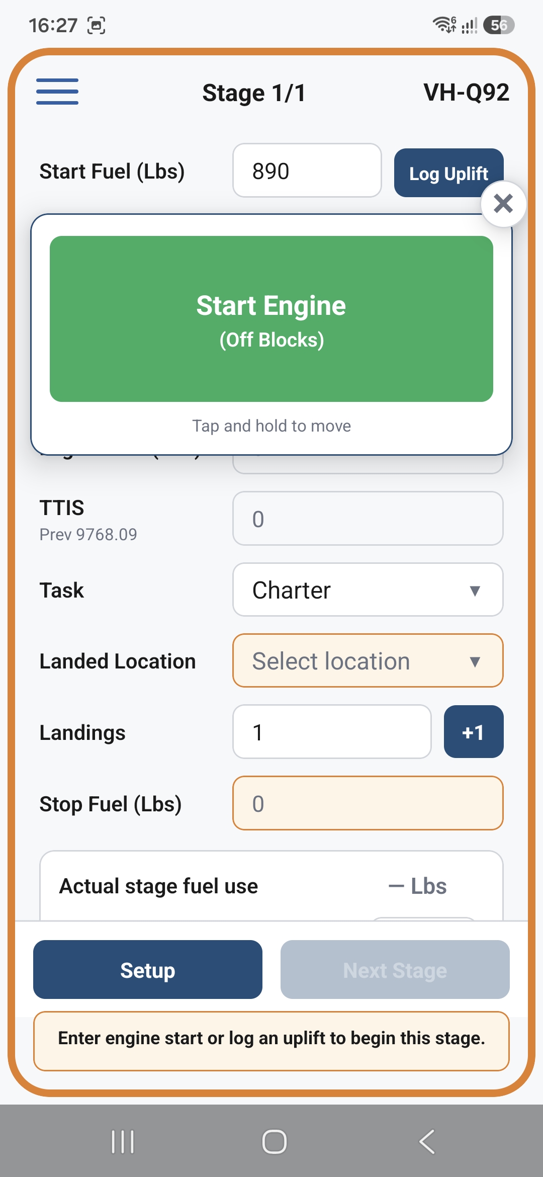 AviSyst mobile app on stage 1, ready to tap Start Engine.